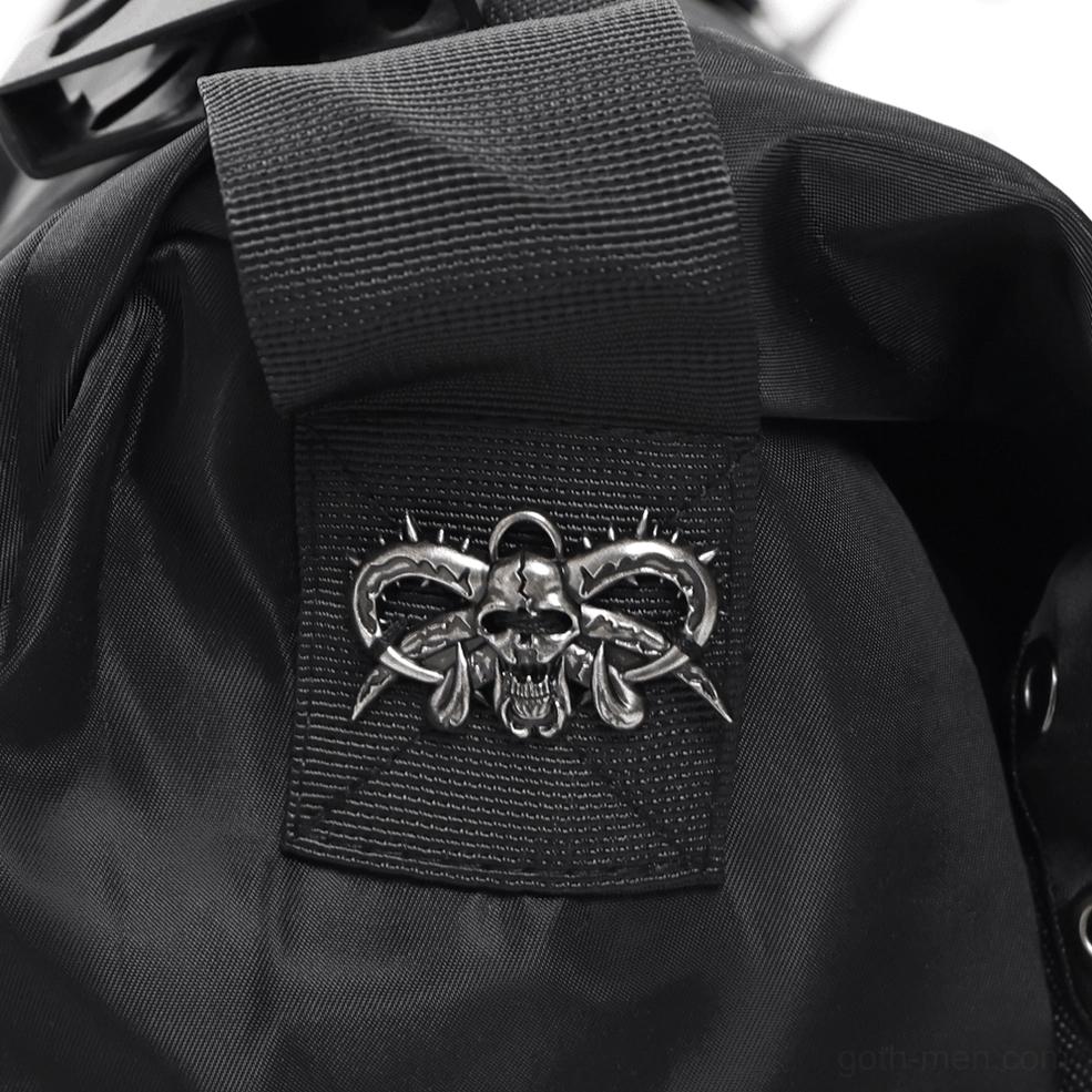 Strap adjustment mechanism and flexibility demonstration of gothic studded messenger bag