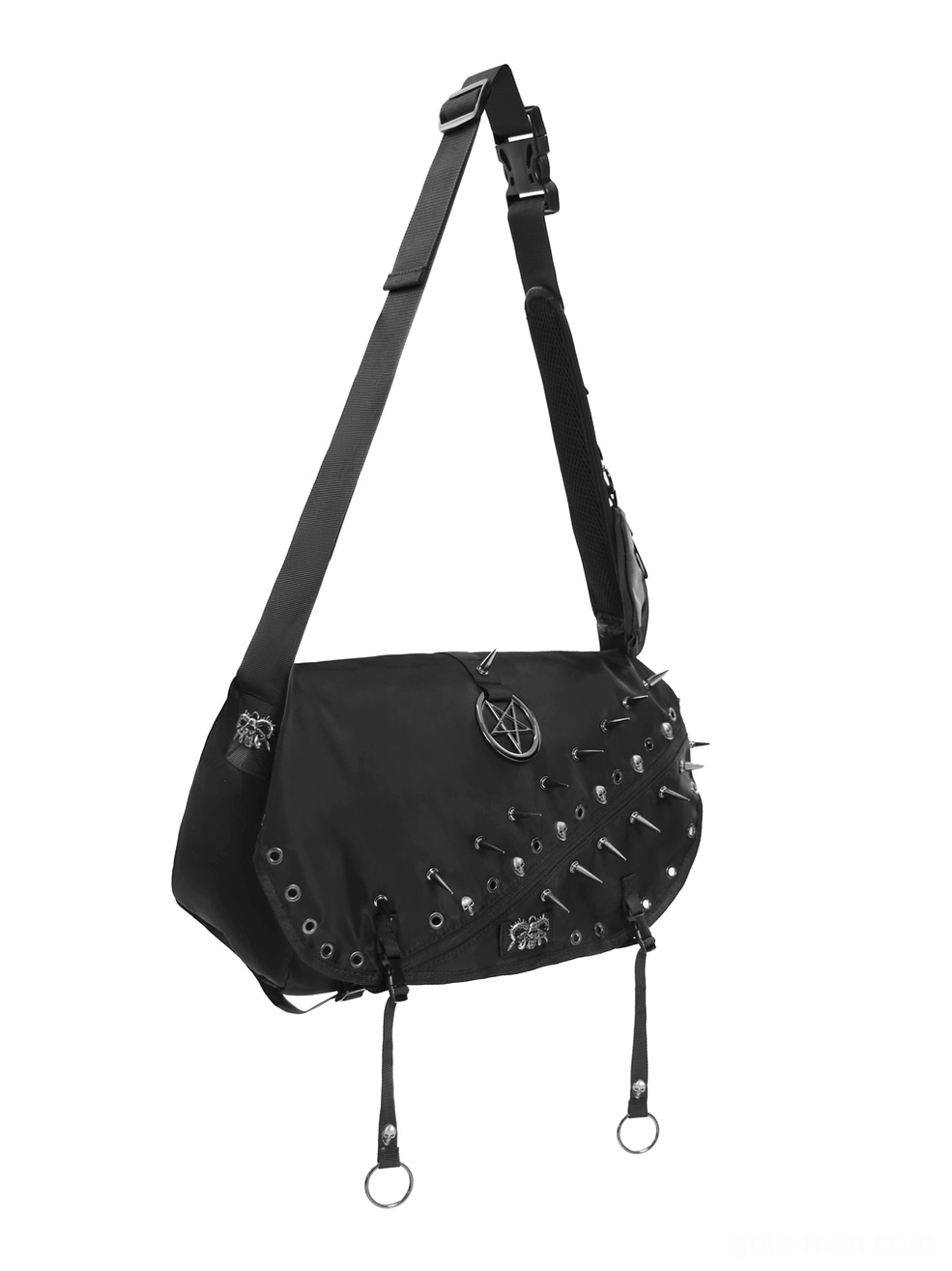 Three-quarter angle shot of studded gothic bag showing adjustable shoulder strap and pentagram charm positioning