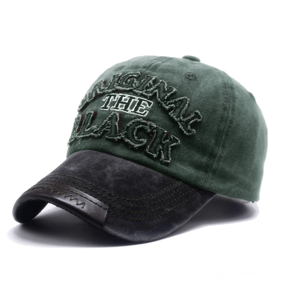 Black and army green washed gothic snapback cap with embroidered letter logo and contrast detail