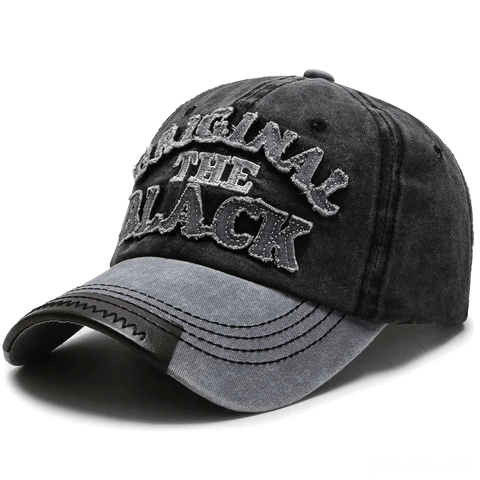 Black washed gothic snapback cap with grey contrast brim and leather-like brim accent, 3D embroidered letter embellishment