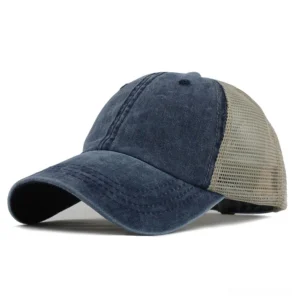 Dark navy washed cotton gothic baseball cap with adjustable mesh back strap, left three-quarter view