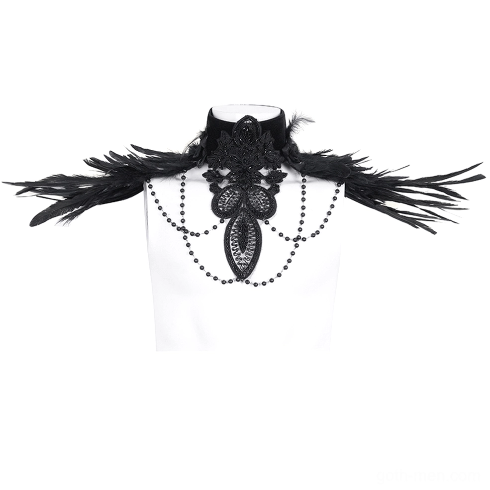 Black gothic feather shoulder collar with ornate beaded chains and lace pendant on mannequin full view