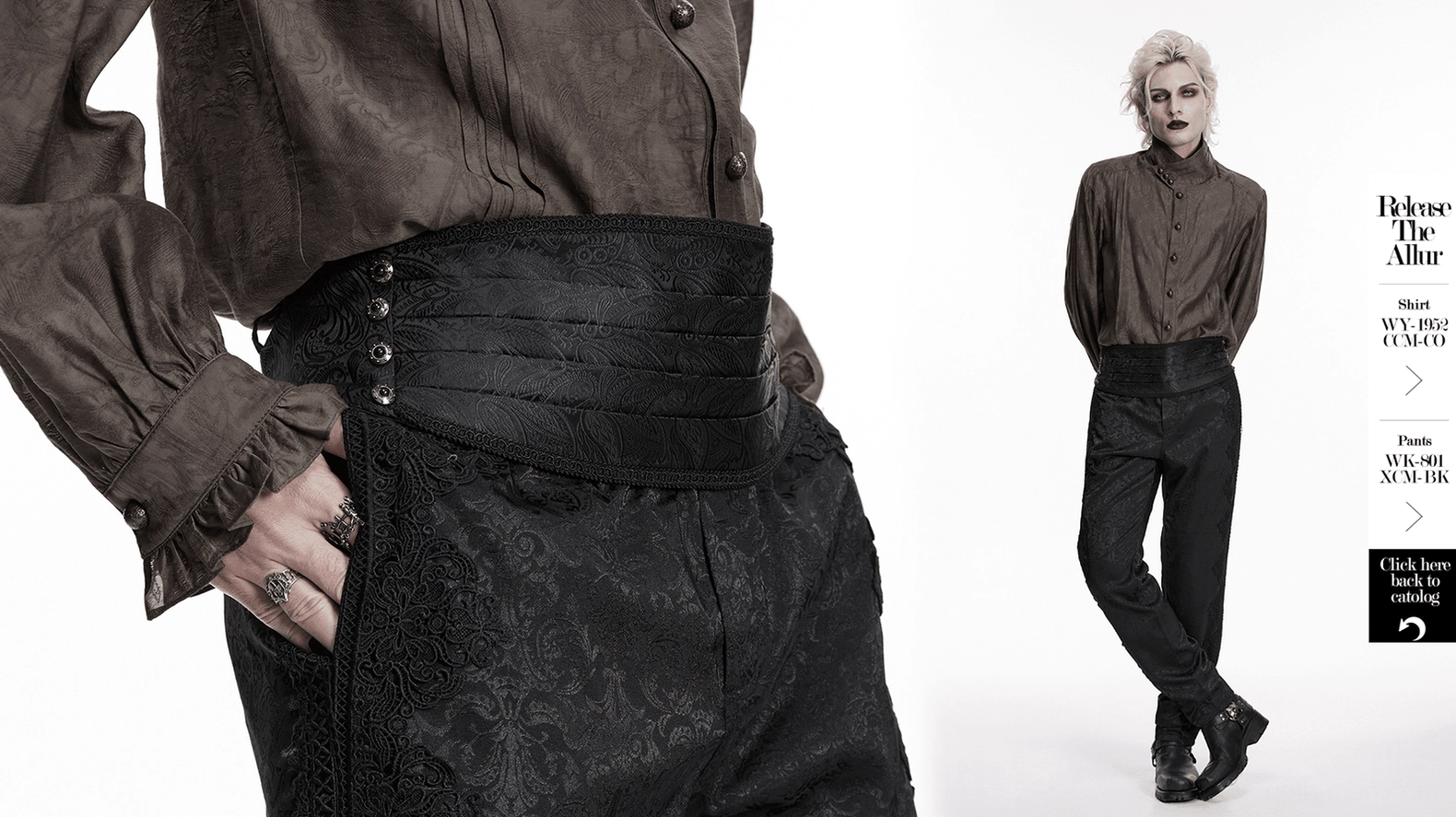Detailed view of black jacquard gothic belt showing adjustable elastic back system and complete construction quality