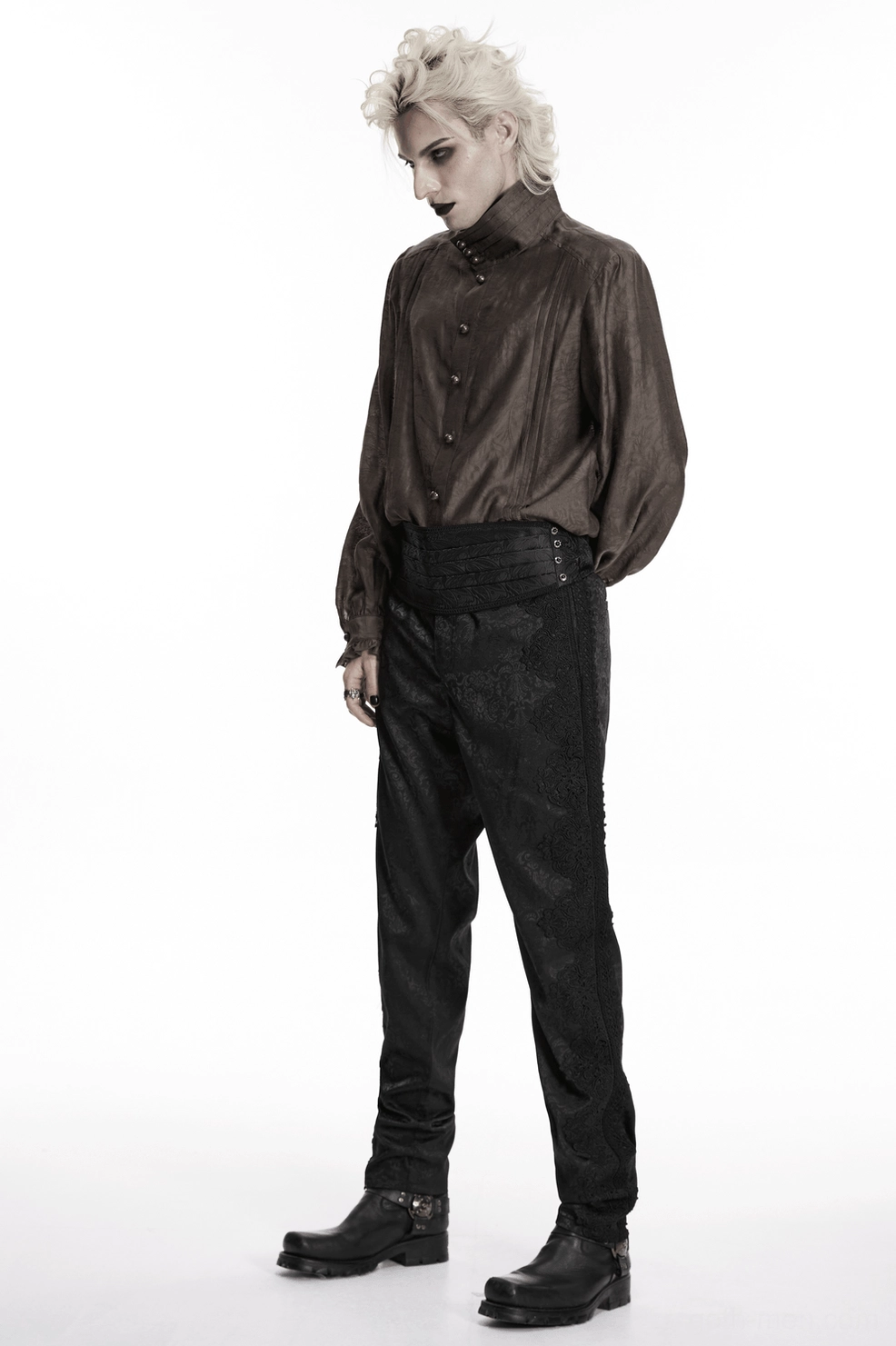 Alternative styling of black jacquard gothic waist belt showing versatile wear options with contemporary goth wardrobe and accessories