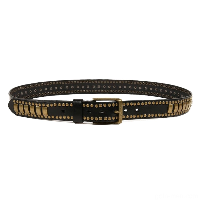 Gothic rivet belt detail close-up showing bronze metal stud craftsmanship and leather texture