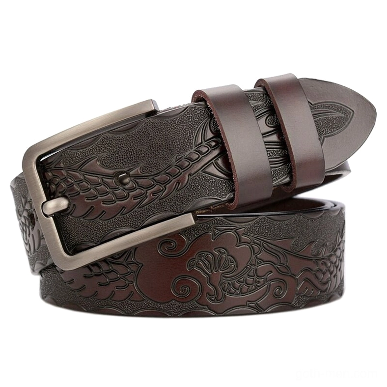 Coffee brown embossed gothic leather belt with detailed carving perfect for goth fashion styling