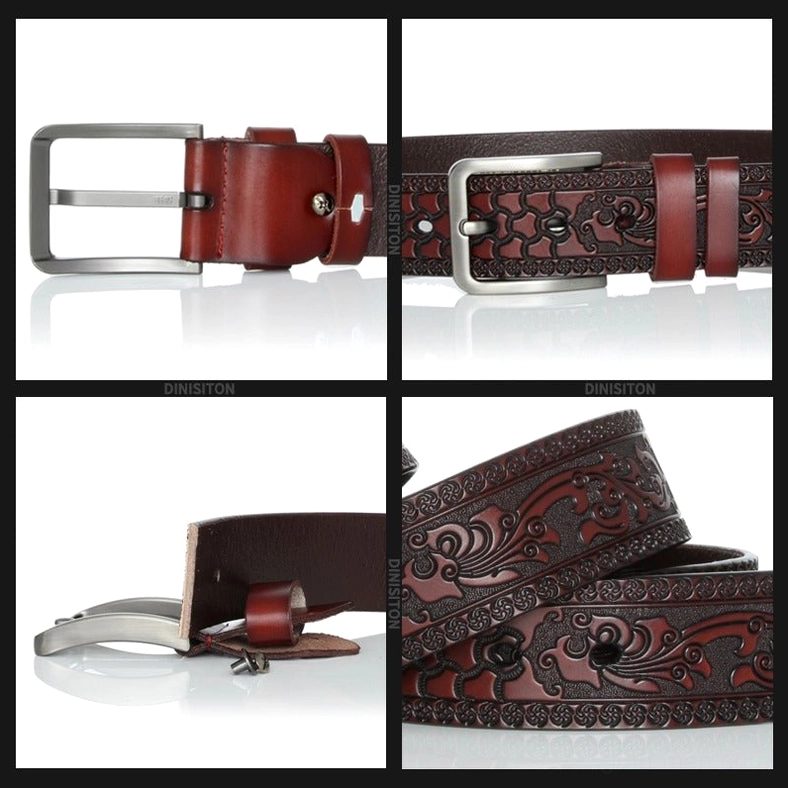 Coffee brown embossed gothic leather belt side profile showing texture and buckle detail