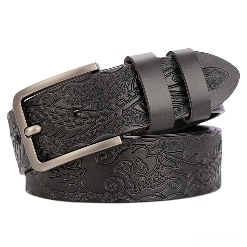 Dark embossed gothic leather belt combining romantic Victorian patterns with modern alternative aesthetic