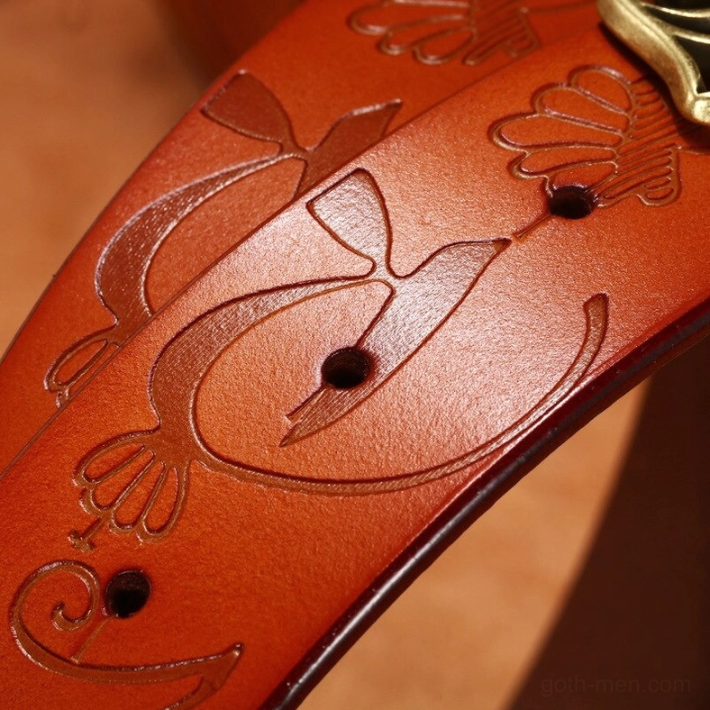 Gothic women's belt in warm earth tones with embossed patterns and antique bronze geometric pin buckle design