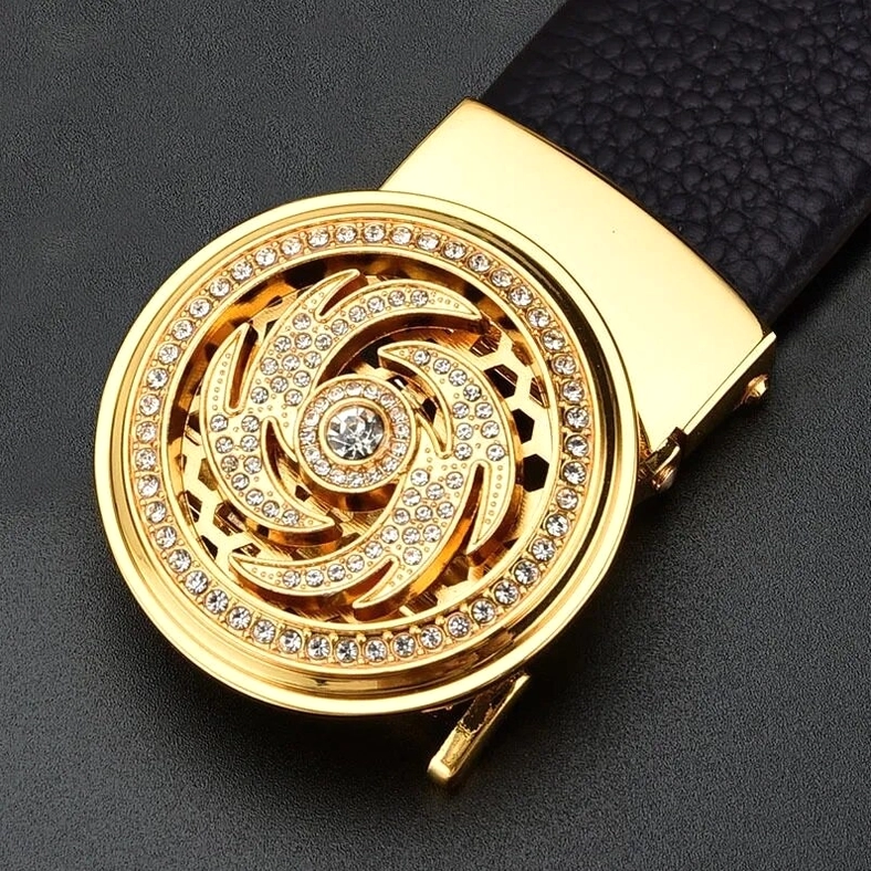 Gold swirl rhinestone-inlaid automatic buckle on black lychee grain leather gothic belt