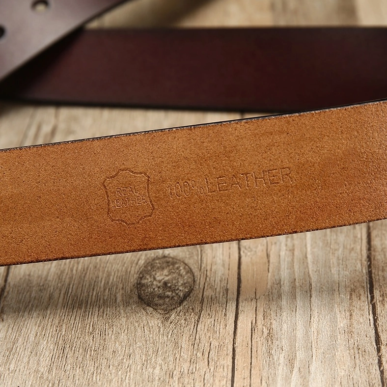 Gothic PU leather belt inner lining with 100% leather embossed stamp on tan backing