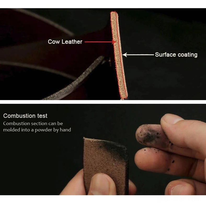 Gothic leather belt material cross-section showing PU leather core and protective surface coating