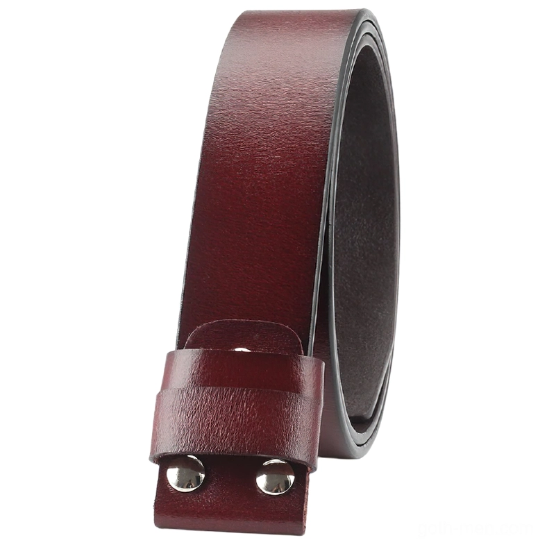 Unfastened gothic leather belt strap showing double metal rivets and wine red texture detail side view