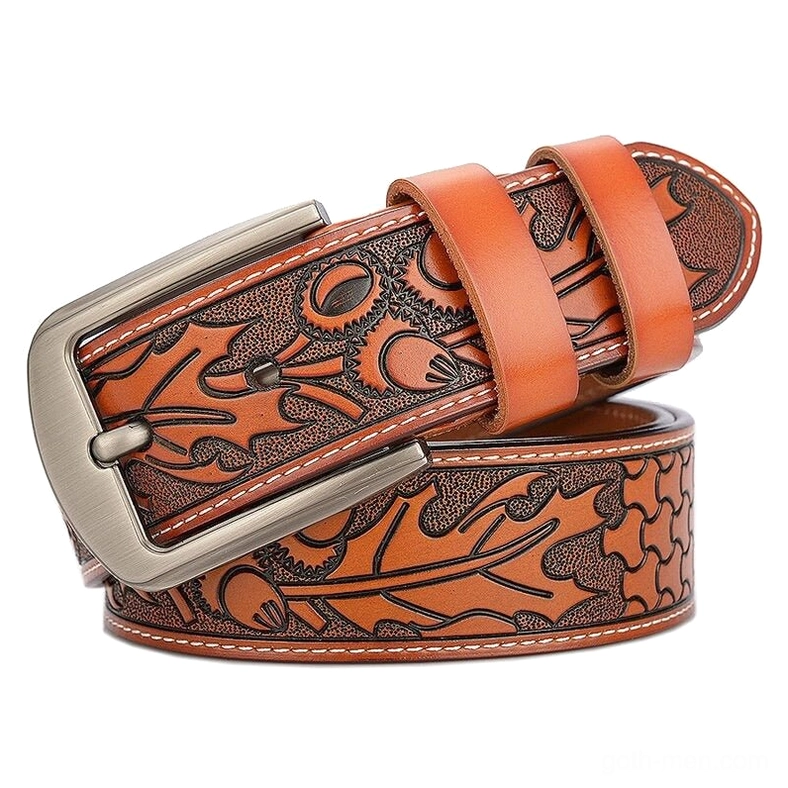 Embossed gothic leather belt featuring ornate Victorian-inspired patterns and adjustable sizing