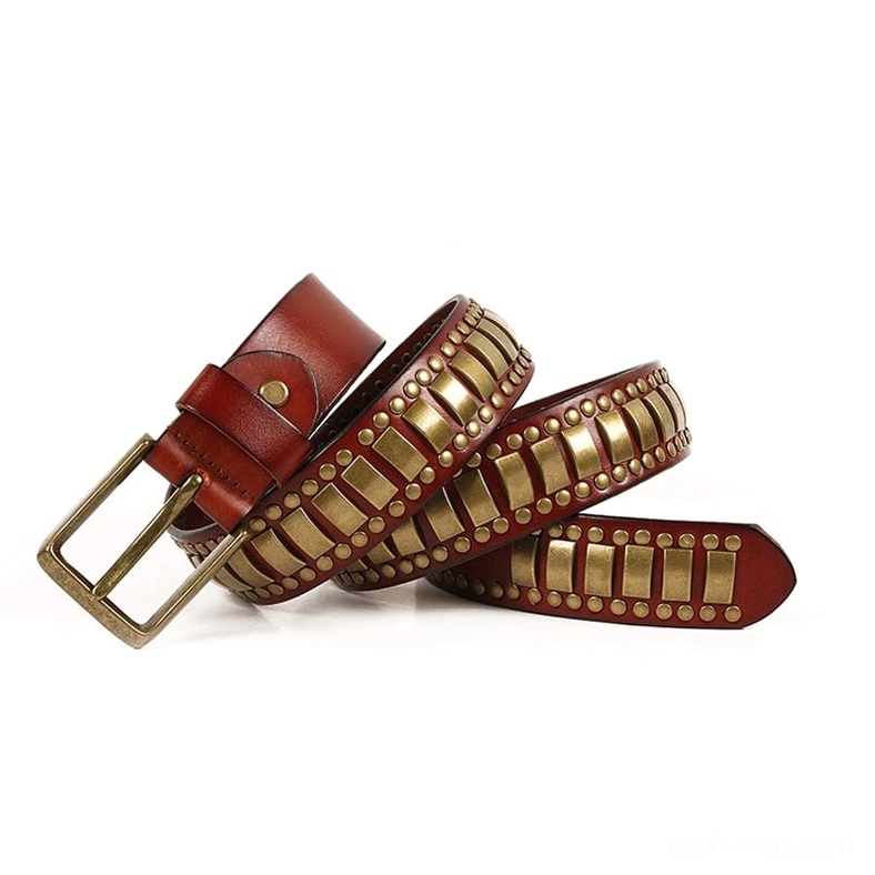 Wine red burgundy leather gothic belt with bronze rectangular and round rivets, alternative fashion style