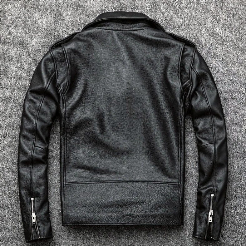 Gothic leather biker jacket back view smooth genuine leather sleeve zipper details