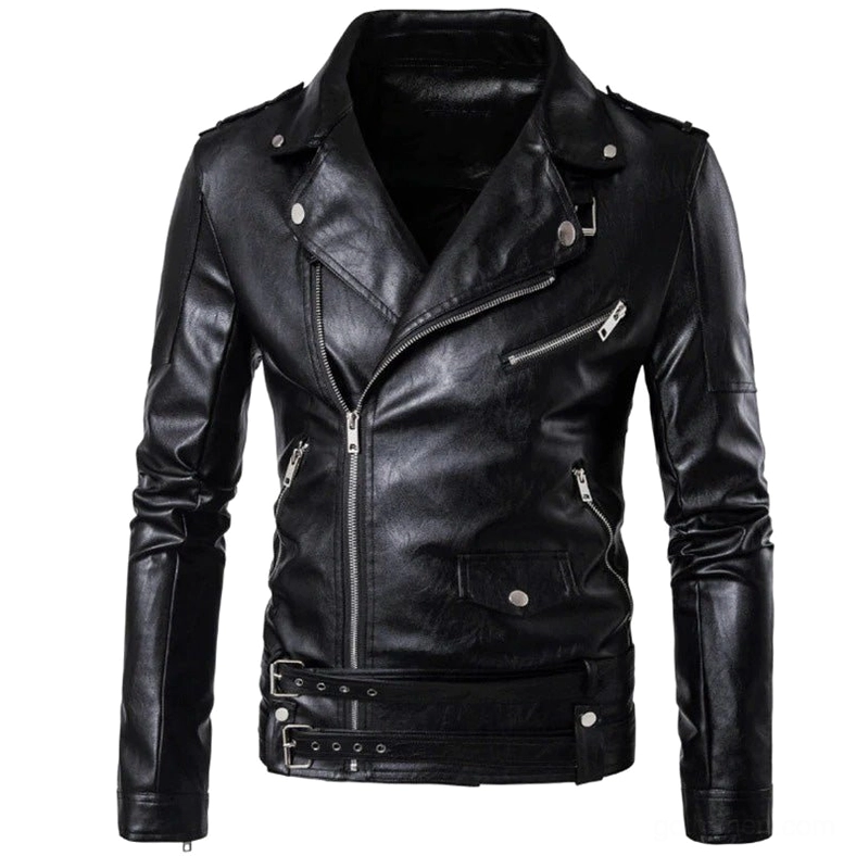 Black gothic moto biker jacket front view with asymmetrical zipper closure, turn-down collar, and adjustable waist straps