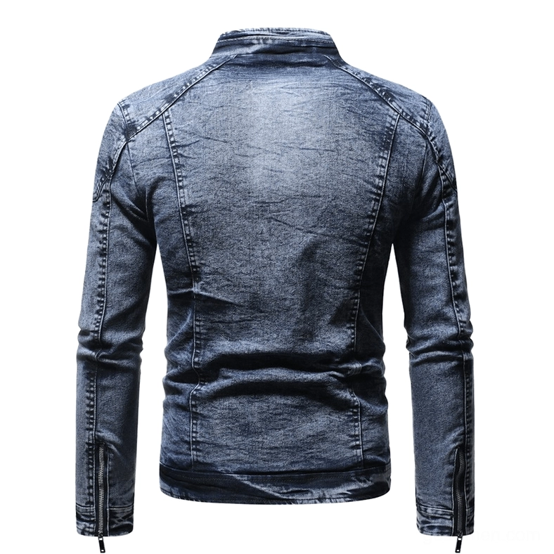 Deep blue gothic biker jacket back view with zippered cuffs and carefully constructed seam details