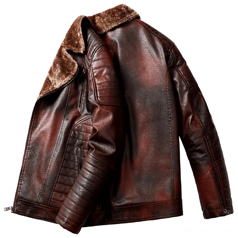 Red-brown distressed leather jacket with fur collar rear three-quarter view showing quilted sleeve details