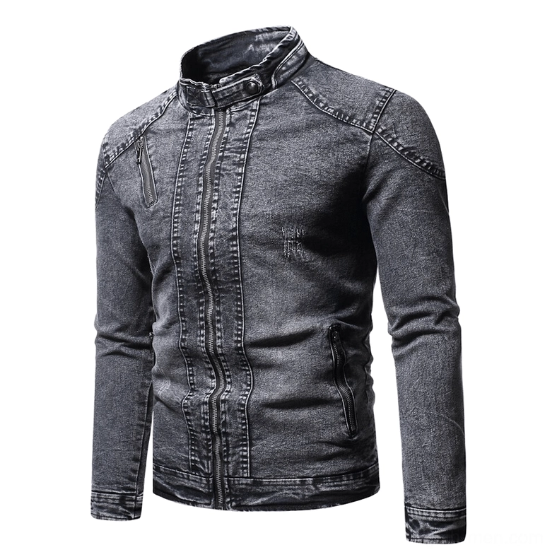 Dark gray distressed denim biker jacket with side zipper pockets and plush inner lining, front perspective