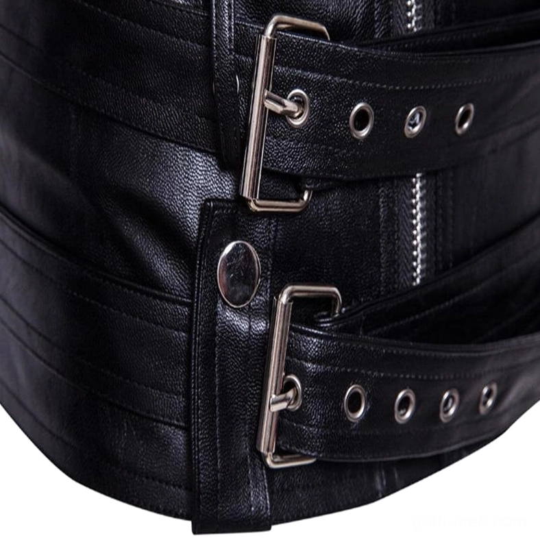 Close-up of thick leather waist straps with multiple metal grommets and sturdy buckles
