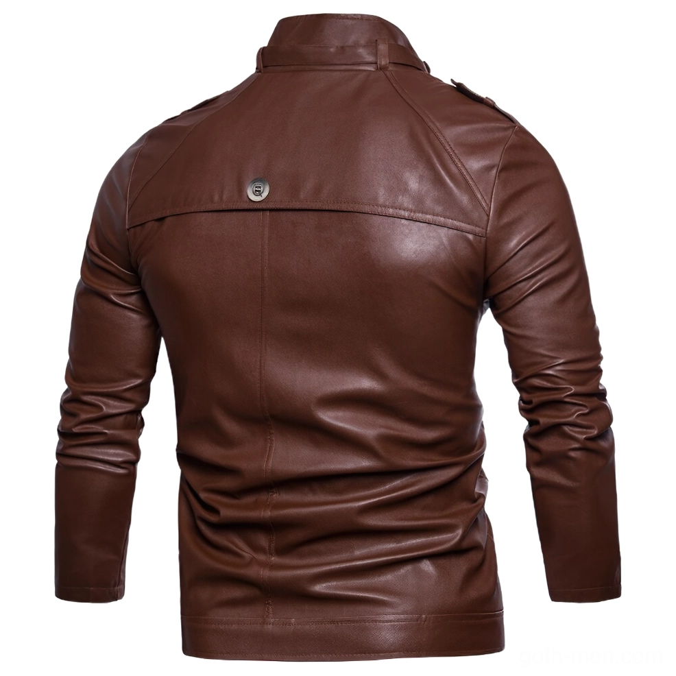 Back view of dark brown gothic biker jacket showing stand collar and decorative back button