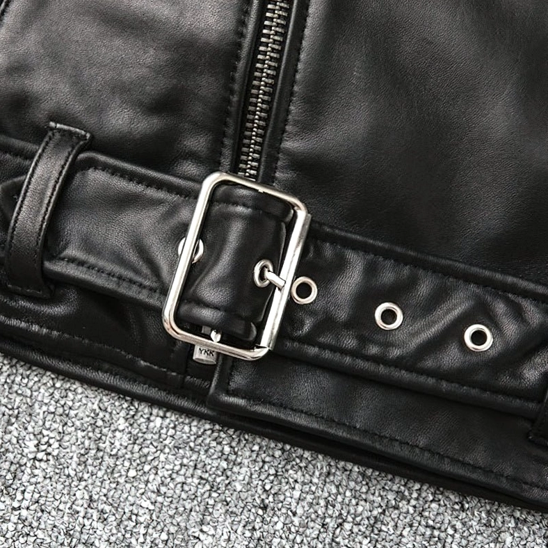 Gothic biker jacket waist belt buckle detail metal hardware removable strap