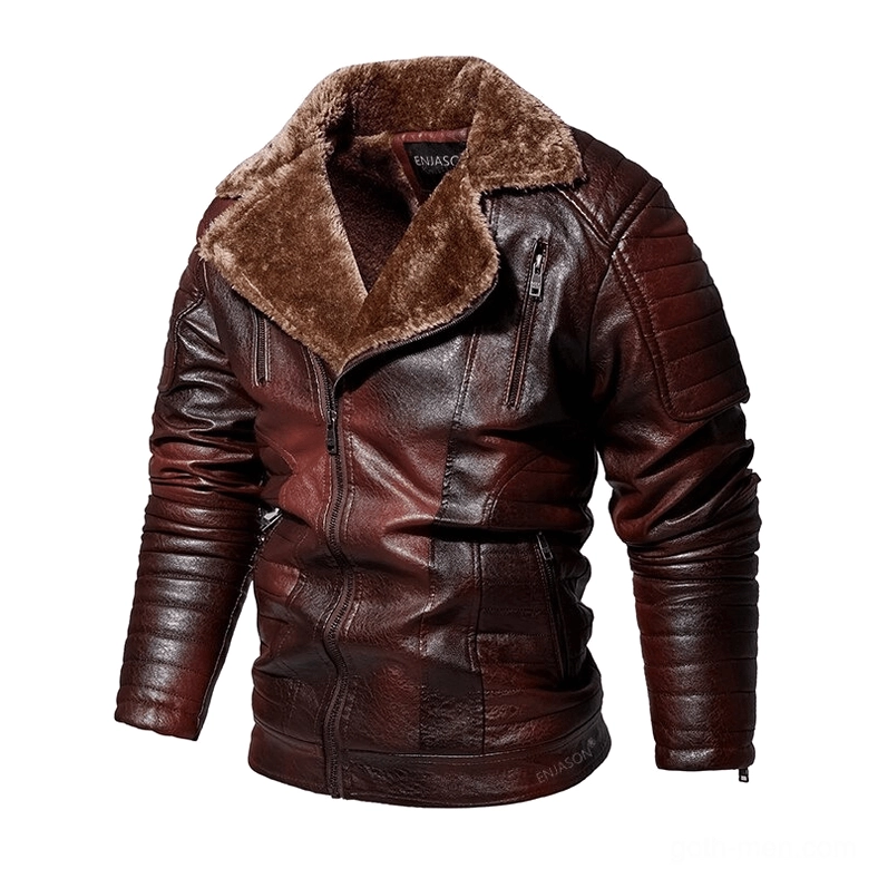 Wine red distressed leather jacket with brown fuzzy collar and quilted sleeves front view showing zippers