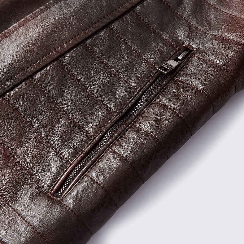Wine red gothic fur collar leather jacket side profile showing jacket length and sleeve proportion