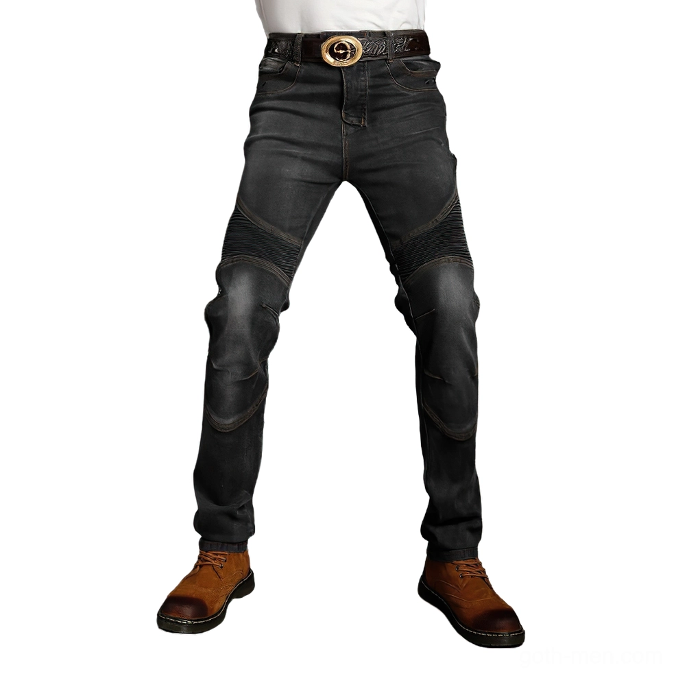 Black gothic biker protective jeans front view slim fit fireproof denim