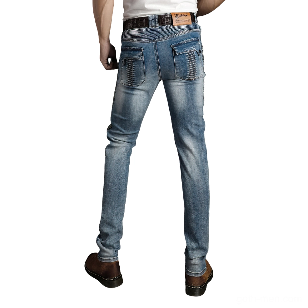 Light blue gothic biker protective jeans rear view back pockets motorcycle style