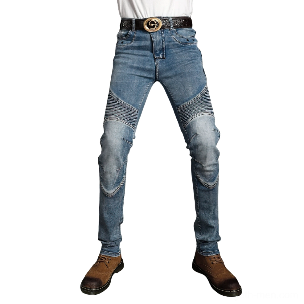 Light blue gothic biker protective jeans front view slim fit motorcycle denim