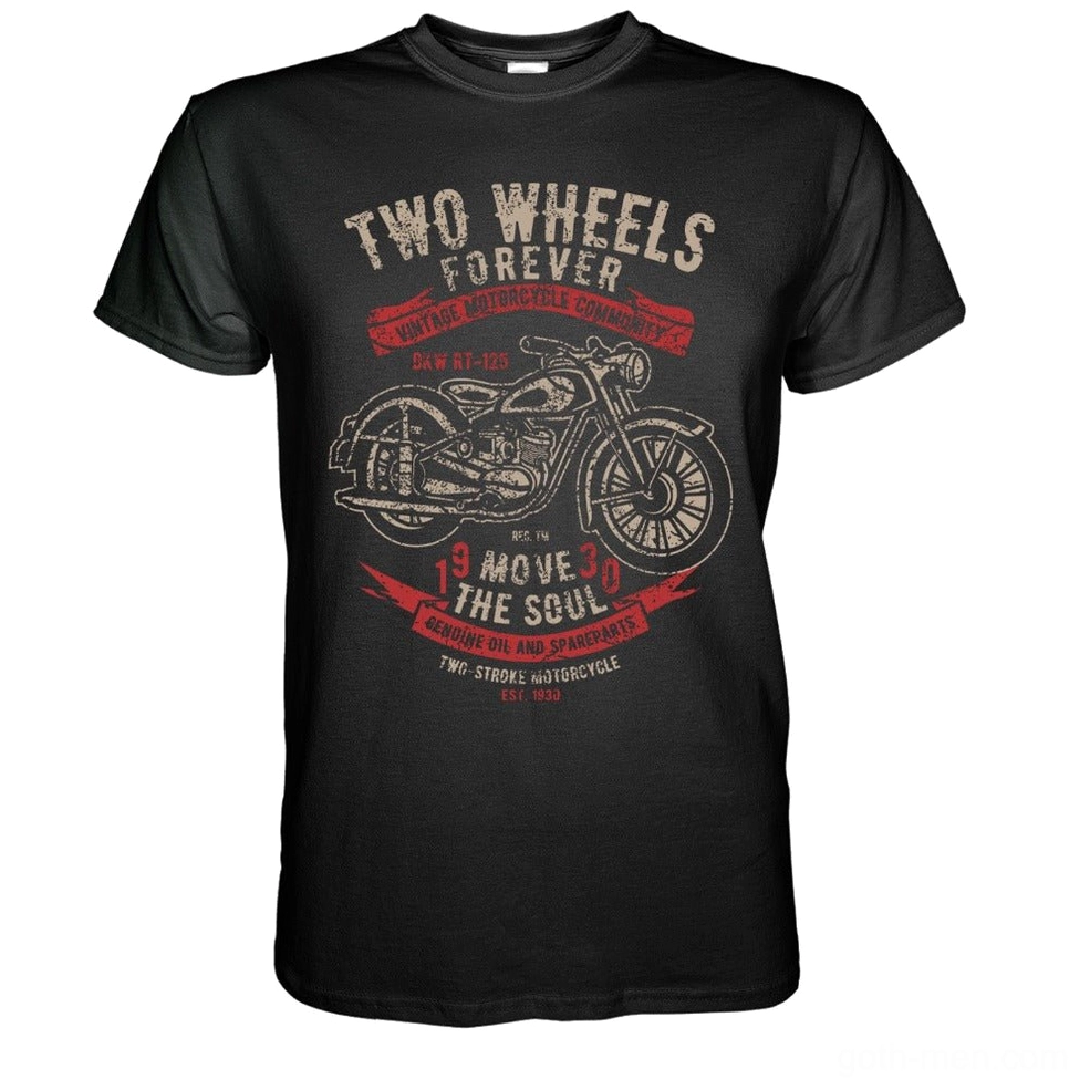 Black Gothic Motorcycle T-Shirt with Retro Biker Graphic - Premium Cotton Broadcloth Flat Lay