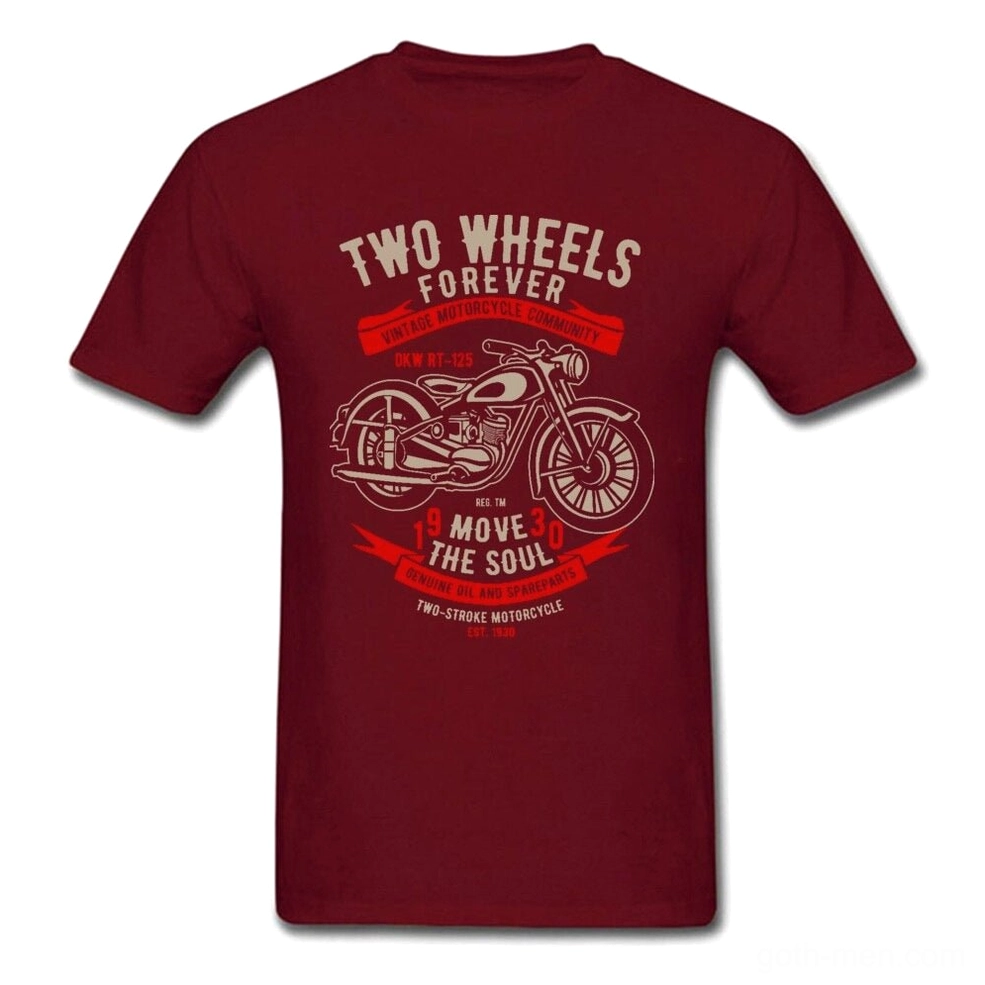 Burgundy Wine Gothic Motorcycle T-Shirt Flat Lay - Retro Biker Print, Back View Detail