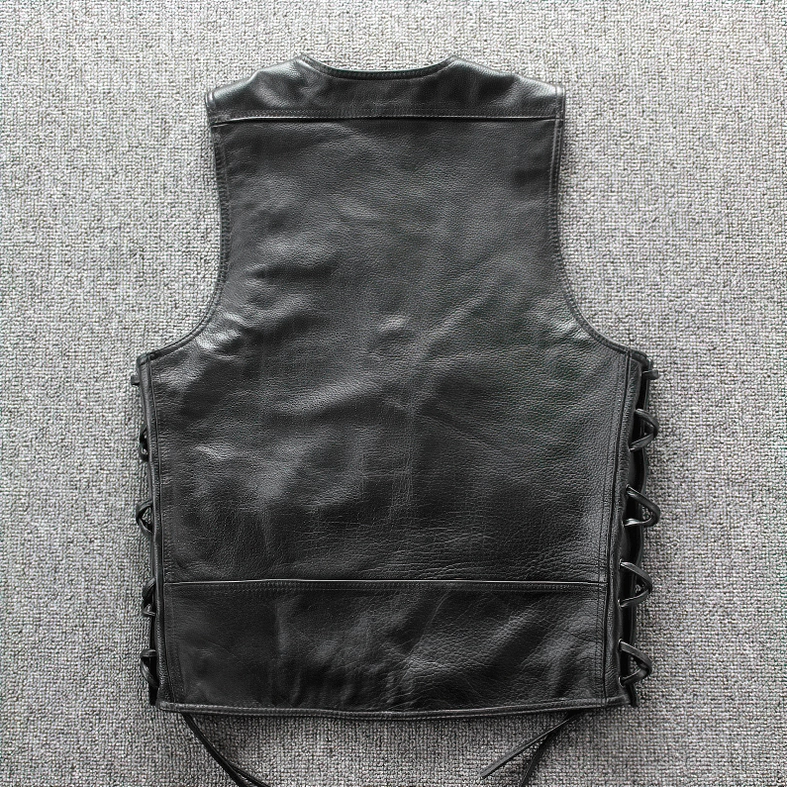 Back view of black leather gothic biker vest with adjustable side lacing