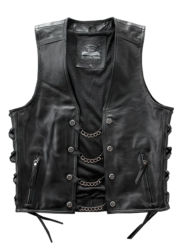 Black leather gothic biker vest front view with metal chain trim and snap buttons