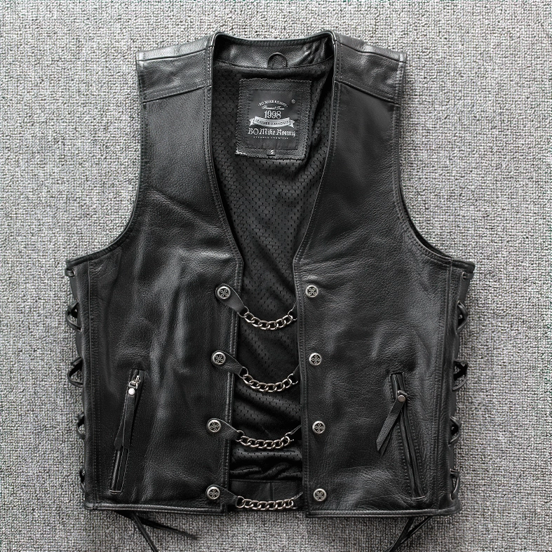 Black leather gothic biker vest front view showing chain trim and adjustable laces