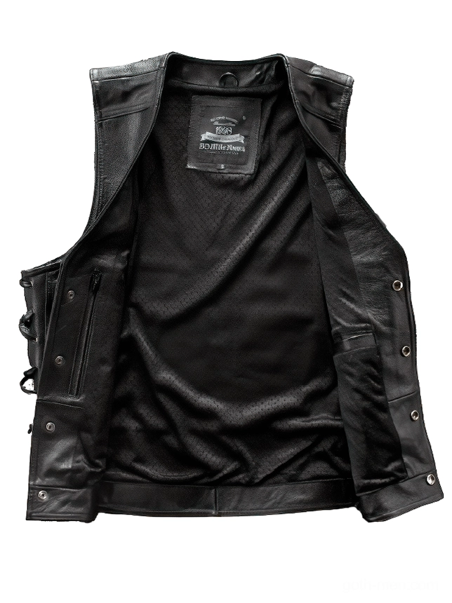 Gothic biker vest interior mesh lining and zipper pockets detail