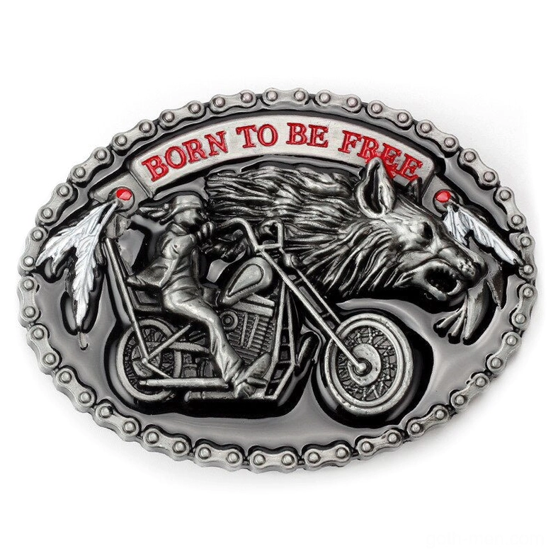 Vintage biker wolf belt buckle front view featuring born to be free lettering and embossed motorcycle rider design in dark silver zinc alloy