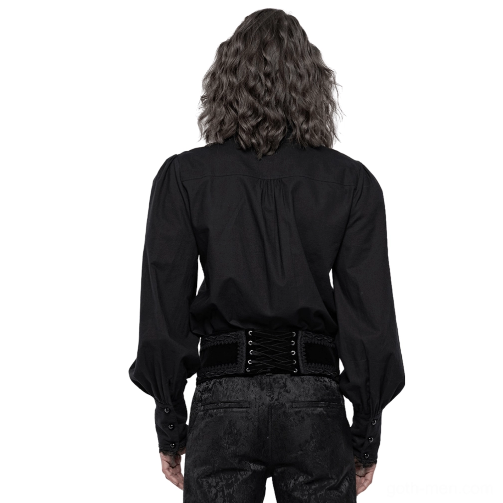 Black cotton gothic shirt rear view showing back pleats and decorative waist belt detail