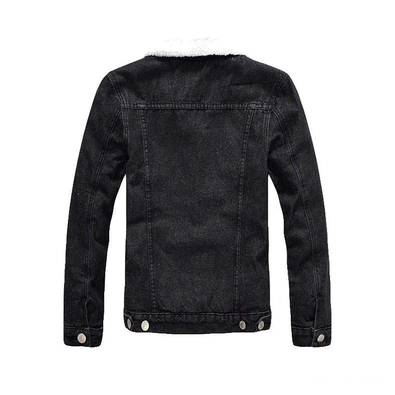 Black gothic denim jacket rear view showing back yoke design and adjustable snap fasteners at hem, minimalist goth style