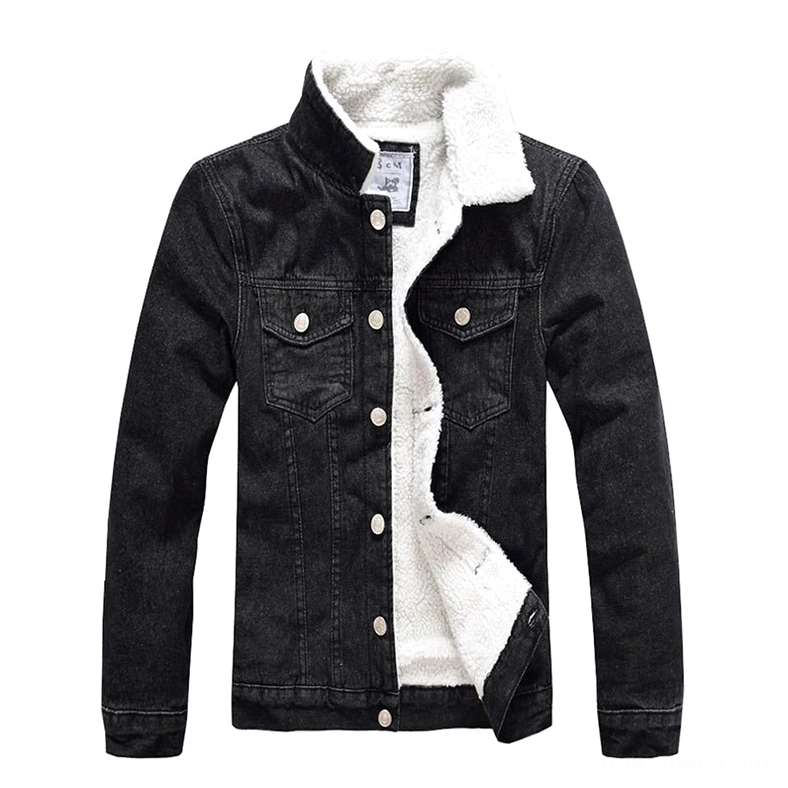 Black gothic sherpa-lined denim jacket front view with metal snap buttons and chest flap pockets, minimalist dark aesthetic
