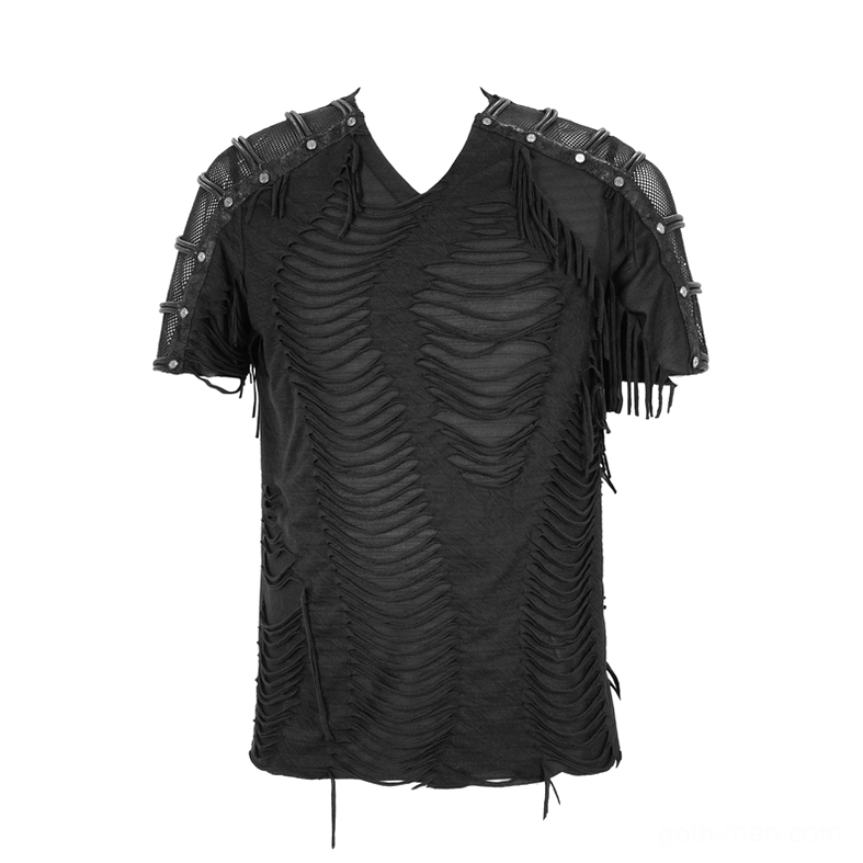 Black gothic mesh stud fringe t-shirt flat lay front - distressed fabric with studded shoulder panels and layered fringe hem
