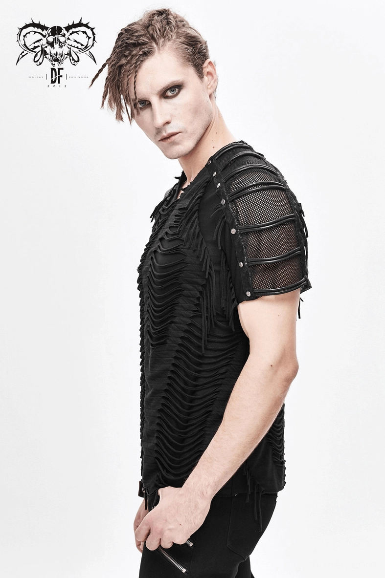 Men's gothic black fringe t-shirt classic view - fitted silhouette with strategically distressed mesh shoulders and fringe accents