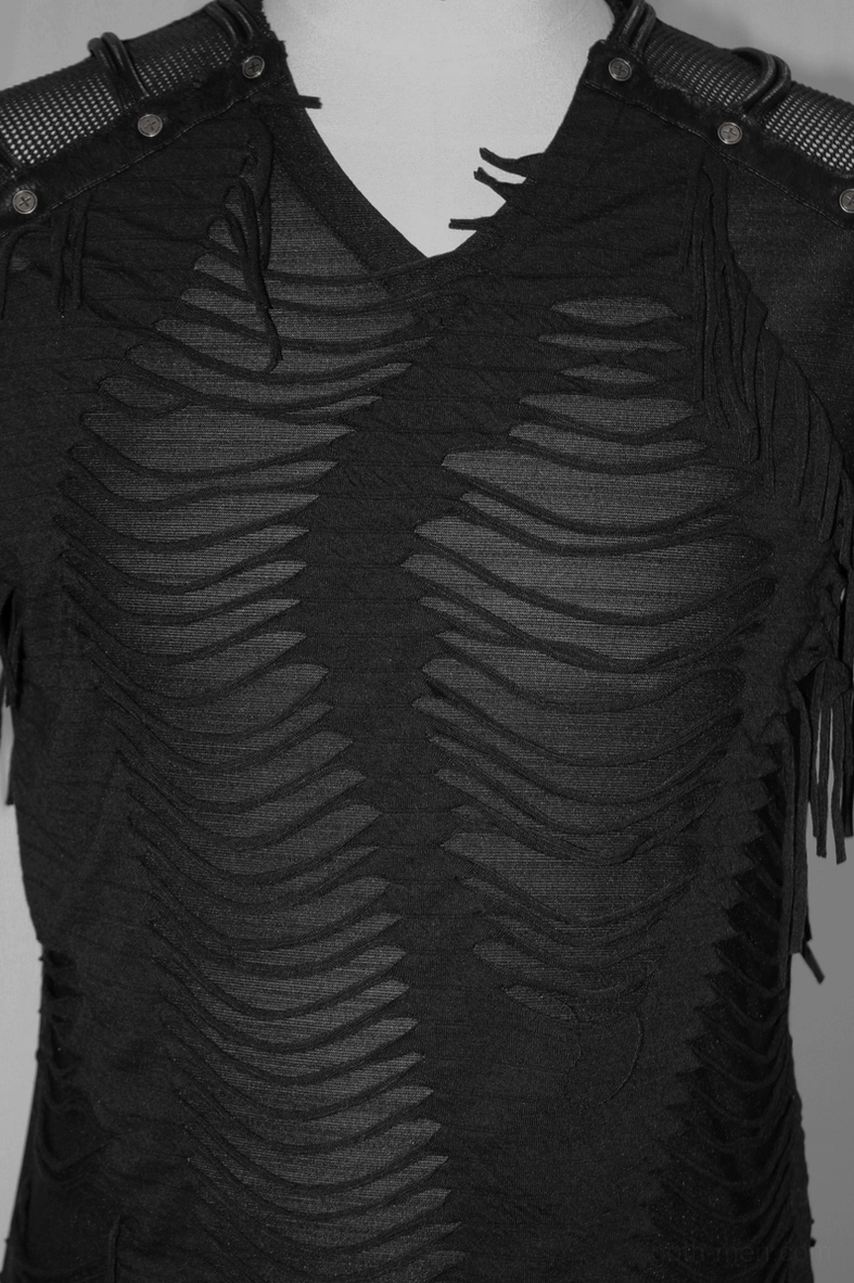 Black gothic fringe t-shirt overall aesthetic - fitted cut highlighting distressed mesh panels and industrial metal stud hardware
