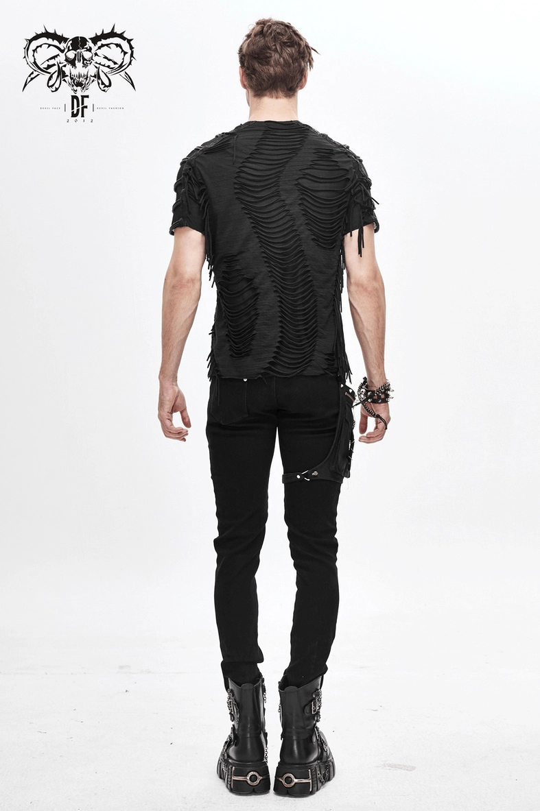 Men's black gothic fringe t-shirt primary view - mesh shoulder panels with round metal studs and dark alternative fashion styling