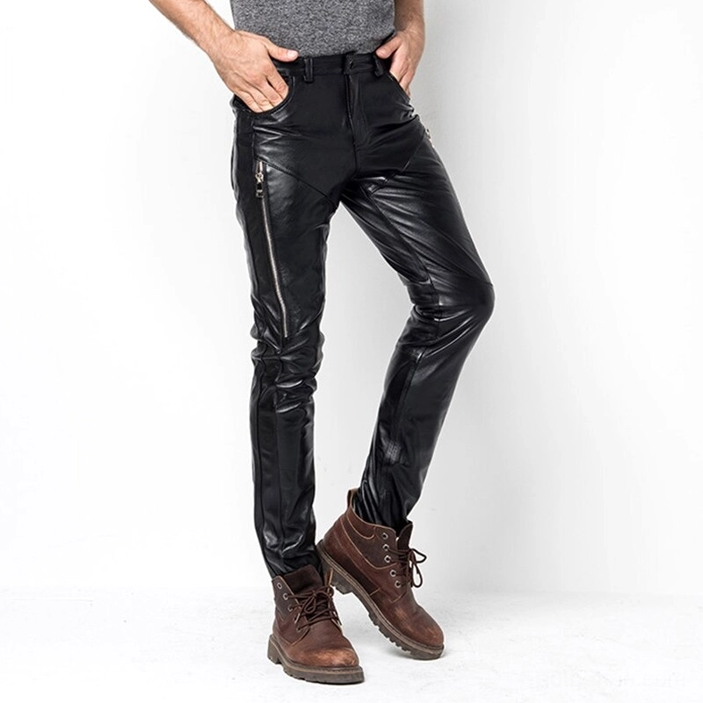 Black leather motorcycle pants right side view with boots