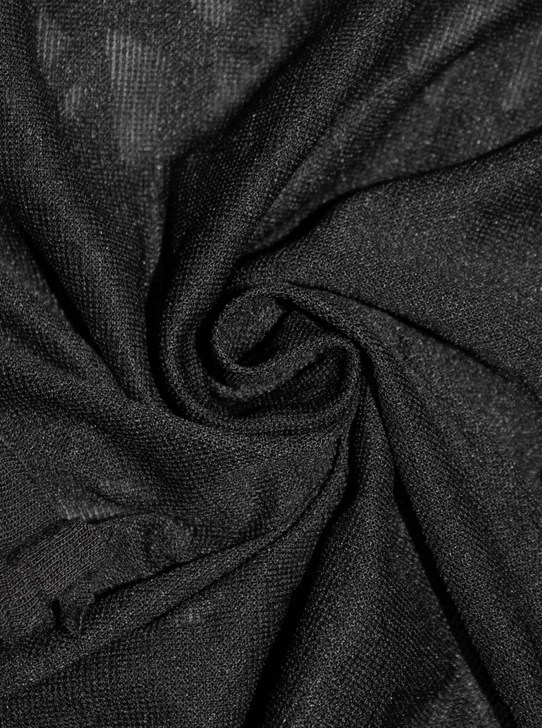Gothic black mesh fringe t-shirt full view - showing integrated distressing, studded panels and punk-inspired design elements