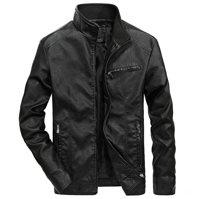 Men's black gothic moto leather jacket with stand collar and multiple zipper pockets, front view studio shot