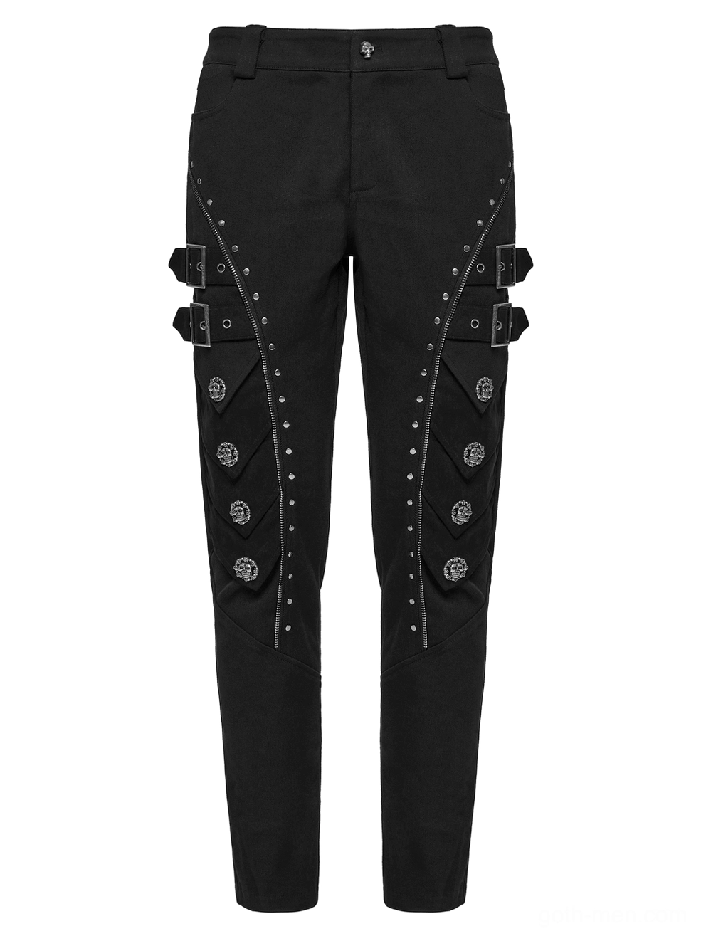 Gothic black pants front flat lay showing side buckle straps skull studs and rivet trim details